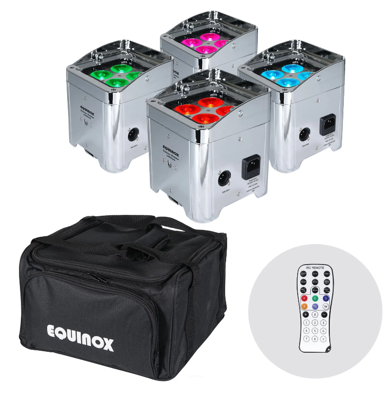 Equinox Colour Raider Lithium Battery Uplighter Pack | 4x 24w LED Portable Wireless Uplighter RGBW Pack (Chrome)