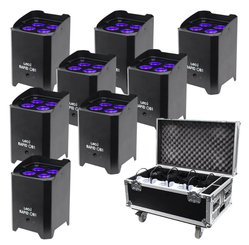 8 Pack LEDJ Rapid QB1 Hex IP Battery Uplighter With IP Flightcase (Black)